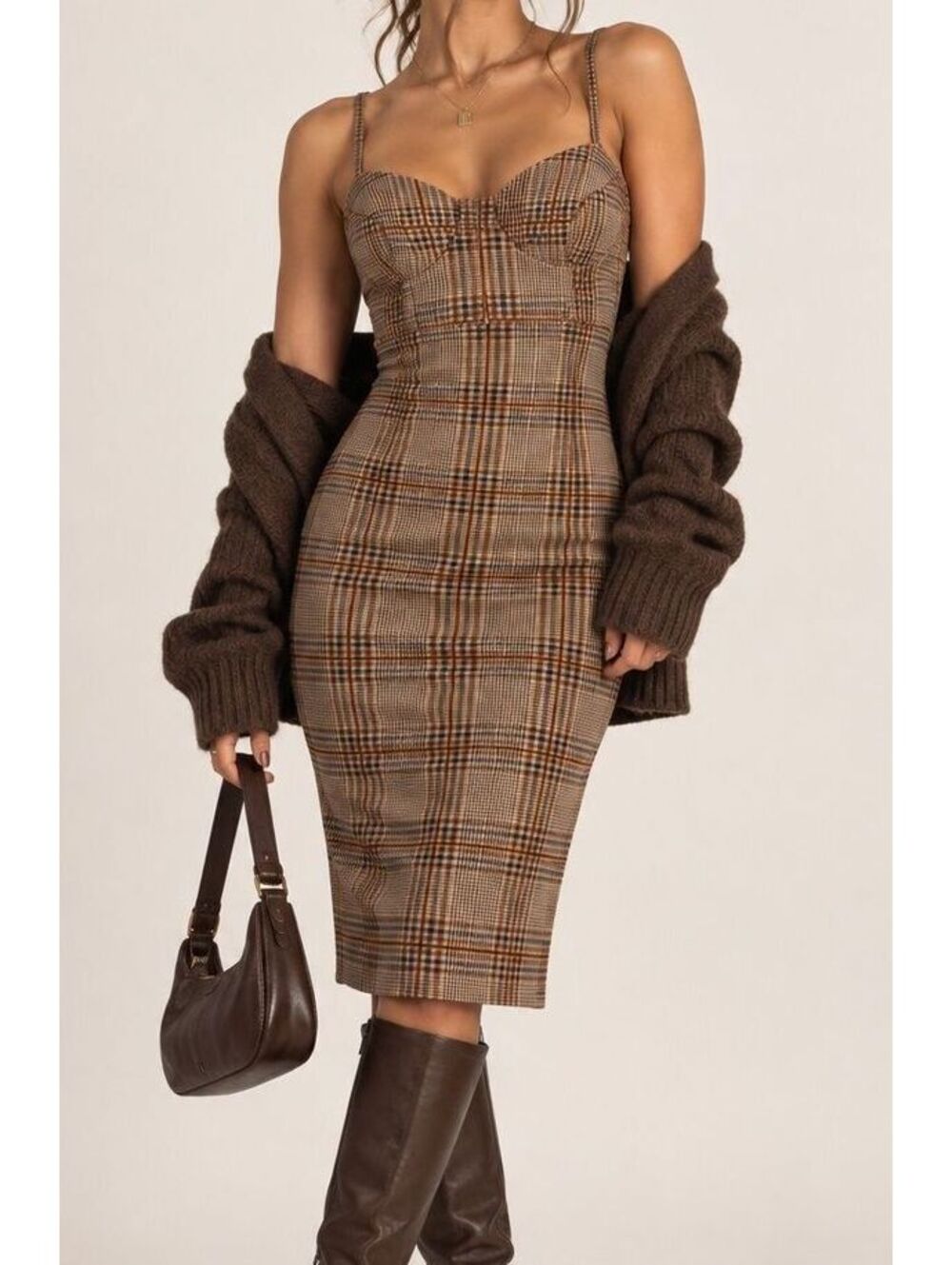 Brown Plaid Corset Midi Dress Bustier Bodycon Dark Academia Preppy Womens Medium